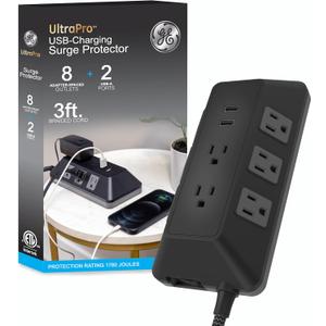 GE UltraPro Adapt 8-Outlet Surge Protector with USB Ports, 2 USB-A Ports, 2.4A, 3ft Braided Cord Power Strip Surge Protector, 1780 Joules, Black, 73776