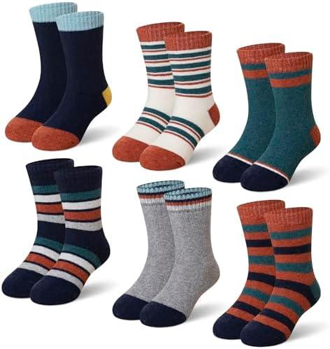 Eyean Kids Merino Wool Socks Boys Girls Thermal Winter Hiking Warm Thick Boot Cozy Toddler Crew Socks 6 Pairs (4-7 Years, Orange Stripes)