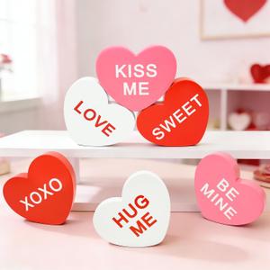 Valentines Day Decorations 6 PCS, Wooden Conversation Heart Decor for Home Table,Red White Pink Candy Heart Signs Centerpiece for Indoor Office Tiered Tray Fireplace,Valentine Gift for Couples Wedding