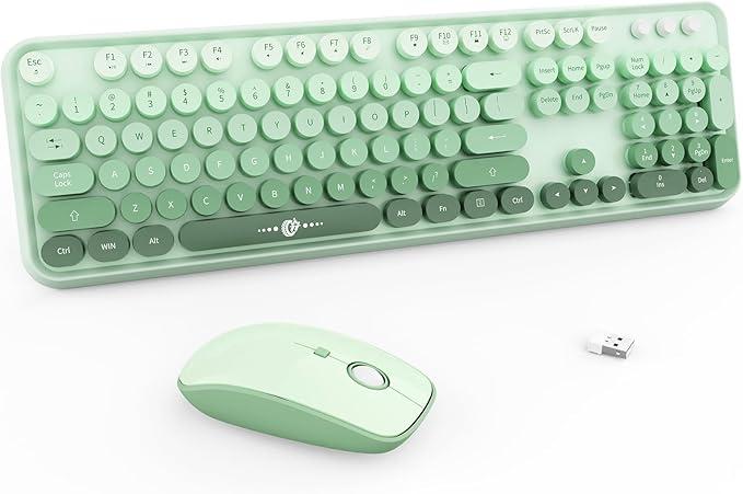 FOPETT Wireless Keyboard and Mouse Combo  2.4G FullSized Cute Colorful Mouse and Keyboard with 104 Round Keys Retro Typewriter Keyboard for Laptop/Windows/PC  Green Gradient