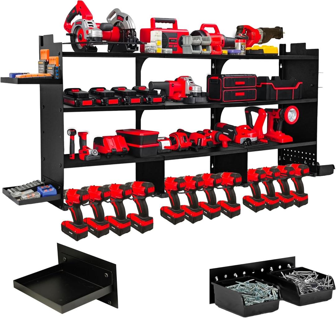 Large Power Tool Organizer Wall Mount, With Attachable Shelves - Garage Storage System, Heavy Duty 4-Tier Rack Holds 12 Drills  Screw Holder Accessories, Utility Shelf for Workshop Organization