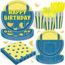 120PCS Yellow Cartoon Themed Party Supplies for Boys Girls 1st 2nd Birthday Party Banana Cake Table Decorations Plates Napkin Cups Tableware Set for 20 Guests