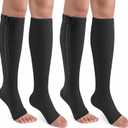 CASMON 2 Pairs Zipper Compression Socks for Women & Men, 15-20 mmHg Open Toe Knee High Support Socks for Varicose Vein Edema