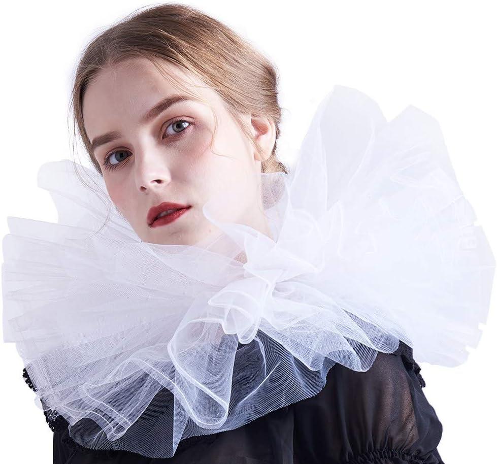 BLESSUME Victorian Retro Mesh Neck Ruff Ruffle Collar Layered Clown Neck Collar (White)