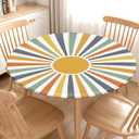 Boho Sun Round Fitted Tablecloth with Elastic Colorful Rainbow Stripe Circle Table Cloth for 40-44" Tables Summer Sunshine Retro Bohemian Wipeable Waterproof Table Cover for Farmhouse Picnic Party