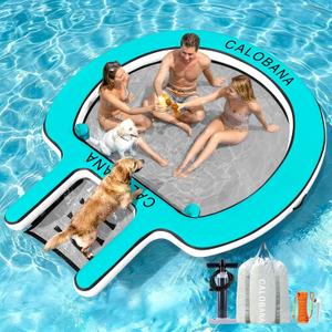 CALOBANA Water Hammock with Dog Boat Ramp, Inflatable Round Floating Ring for Adults Pets Heavy Duty Floating Dock Tanning Pool Lounger Float Island Platform for Pool Sea River Dock Boat Party, 8Ft