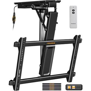 Perlegear Electric Ceiling TV Mount with Remote for 32-70 inch Flat and Curved Screen TVs, Motorized TV Ceiling Mount Flip Down for Flat Roof, Drop Down Ceiling Mount (BLACK)