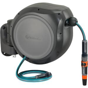 GARDENA (20505) 100' Retractable Garden Hose Reel with US Hose Threads - 100' x 1/2" hose, Automatic Retraction & Length Lock for Easy Watering. Heavy Duty Swivel Bracket 180, Includes Nozzle.