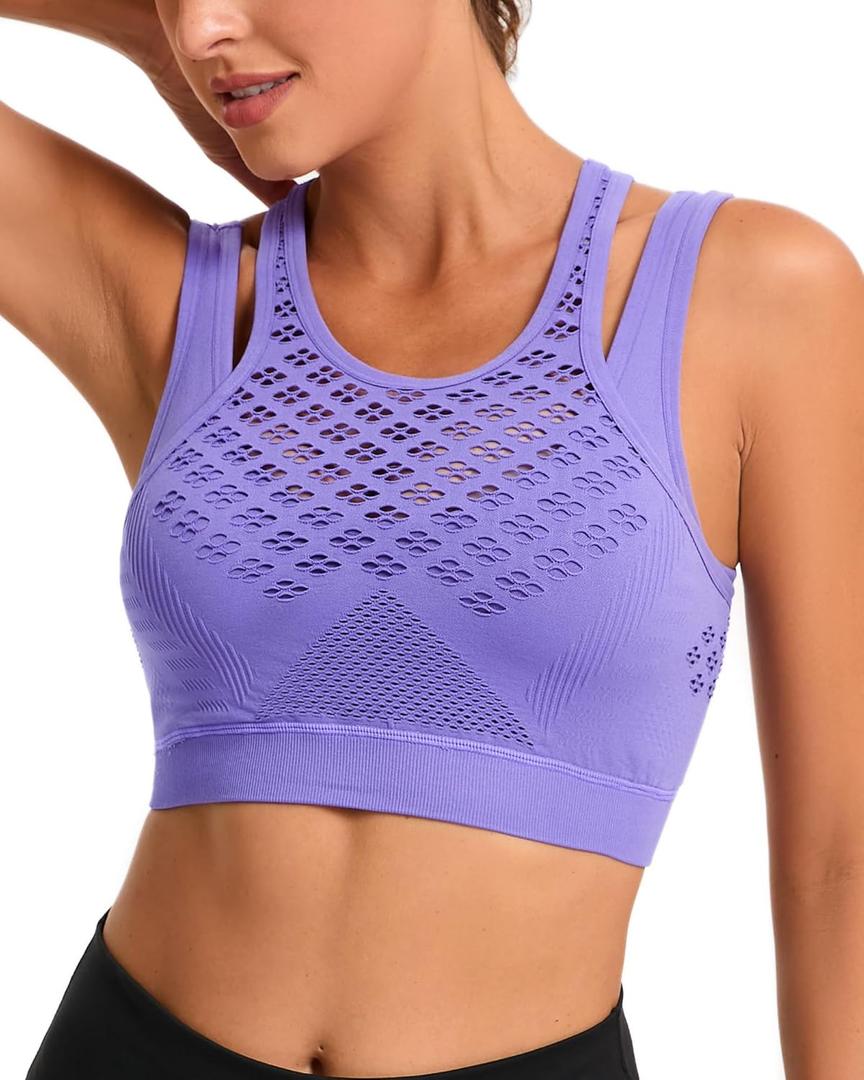 RUNNING GIRL Sports Bras for Women High Support,Seamless Ribbed Longline High Neck Sports Bra Racerback Padded Crop Top Yoga (Purple, L)