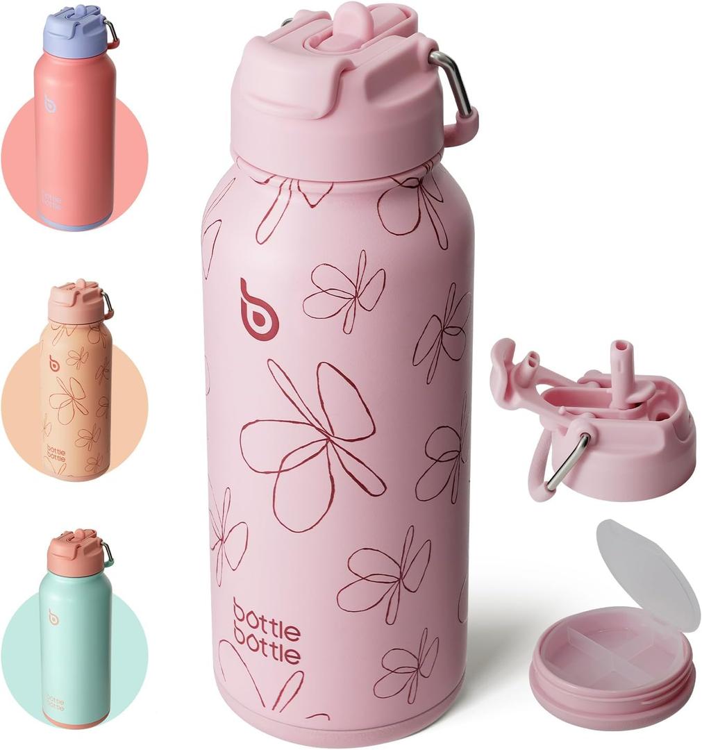 BOTTLE BOTTLE 32oz Insulated Water Bottle Stainless Steel Sport Water Bottle with Straw Dual-use Lid Design for Gym with Pill Box (Pink Flower)