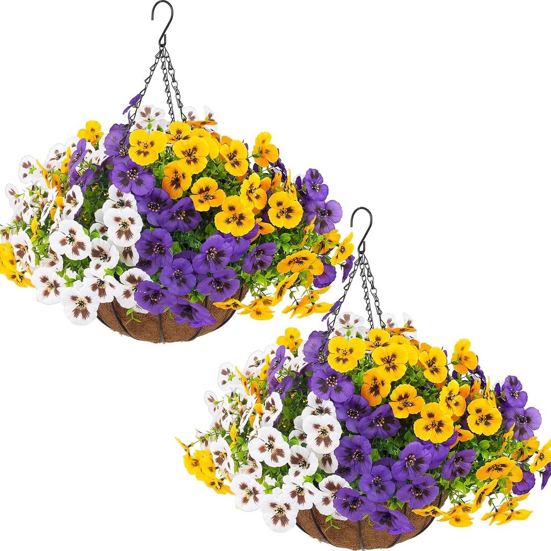 lovemoon 2 Sets Artificial Hanging Pansy Flowers with Baskets, 24 Pcs UV Resistant Faux Silk Pansy Outdoor Hanging Flower for Porch Patio Garden Home Spring Decor (2, White,Yellow,Purple)