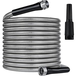 304 Stainless Steel Garden Hose 50FT-2025New Upgraded Quality Metal Expandable Water Hose With Nozzle and 3/4 Solid Fitting, Kink-Free, Tough & Flexible, Lightweight, Rust Proof For Yard, Outdoor