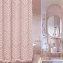 Extra Long Pink Boho Shower Curtain with White Tassel, Woven Fabric Cute Shower Curtain, Tufted Chevron Striped, 72 x 78, Modern Chic Textured Minimalist Bathroom Shower Curtain