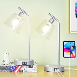 Lucia Silver Glass USB Table Lamp with USB Port Set of 2,Modern Bedside Night Table Lamp for Living Room Bedroom,8.275.51H15.75IN,Bulb Include