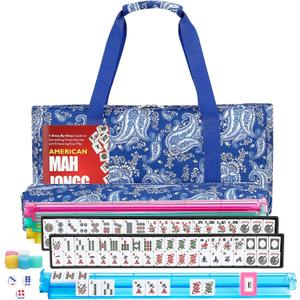 American Mahjong Set, 166 White Tiles with 4 Colors Acrylic Racks, Pushers, Flower Carrying Bag, Portable Travel Set