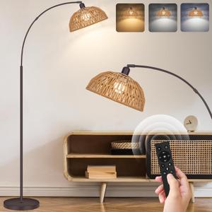 Boho Floor Lamp with Remote- Arc Tall Lamps, Bronze Floor Lamps with Stepless Dimmable Bulb, Hand-Worked Adjustable Rattan Lampshades, Brown Rattan Standing Lamp