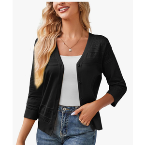 GRACE KARIN Women's 2025 Cropped Cardigan 3/4 Sleeve Lightweight Crochet Shrug Hollowed-Out Knit Sweater Tops 3XL