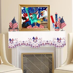 Independence Day Fireplace Scarf Embroidered Patriotic Fireplace Mantle Cover Red White Blue Star Fireworks 4th of July Mantel Scarf for July 4th Memorial Day Home Table Runner Decor(17 x 70 Inch)
