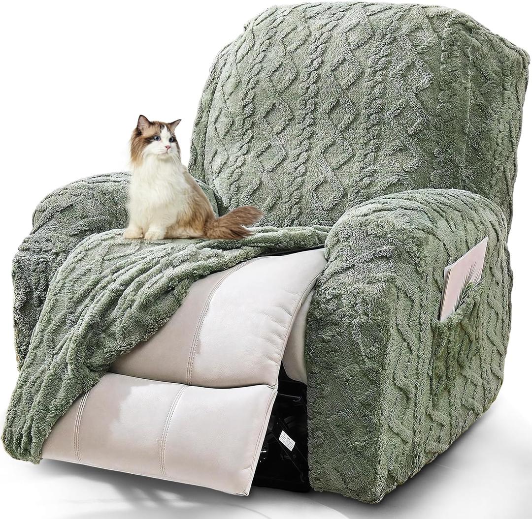 JOKIVTOU Recliner Chair Covers 4-Pieces Reclining Chair Slipcovers with Pocket& Elastic Bottom, Soft Feel Fitted Lazy Boy Sofa Couch Cover Washable, Stretch Recliner Furniture Protector (1 Seater, Green)