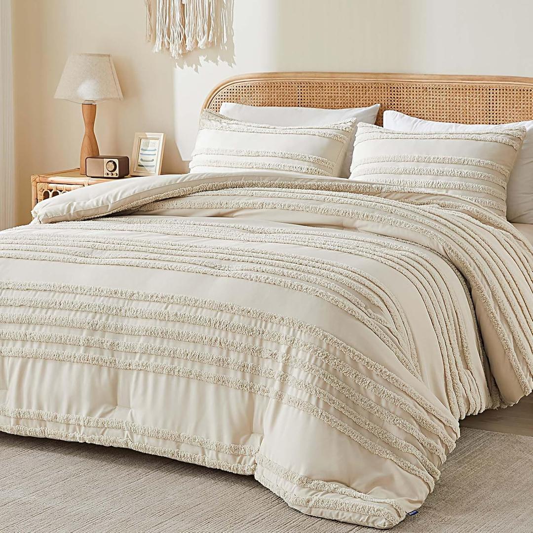 BEDELITE Boho Comforter Set Queen Size, Beige Tufted Boho Bed Set 3 Pieces, Soft & Lightweight Comforter for All Seasons, Jacquard Farmhouse Bedding Set with 2 Pillow Shams