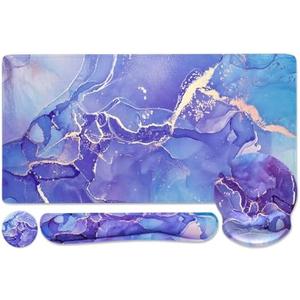 2-in-1 Gaming Mouse Pad Wrist Support Set，Desk Pad + Mouse Pad with Wrist Rest + Keyboard Wrist Rest + Coaster, Ergonomic Design for Home Office Study Game - Purple Marble