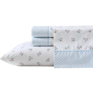 Laura Ashley - Twin Sheet Set, Crisp & Cool Cotton Percale Bedding with Deep Pockets, Lightweight for Year Round Comfort, Bed Sheets with Matching Pillowcase (Harperette Blue)