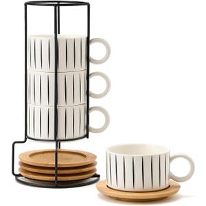 LUKA 6 Ounce Porcelain Stackable Espresso Cups with Saucers and Metal Stand Set of 4, Ceramic Cappuccino Cups Set for Specialty Coffee Drinks, Latte, Cafe Mocha and Tea, Stripes, White
