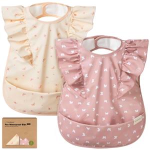 KeaBabies Waterproof Bibs for Baby Girl,Boy  2-Pack Lightweight, Large Baby Bibs for Eating, Wearable Food Catcher, 6-12 Months Infant Feeding Essentials, Smock for Toddlers 1-3, Kids (Butterflies) (Frills)