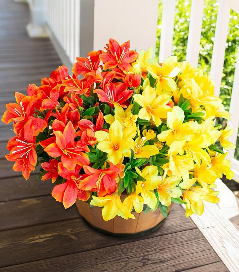 INSPRING Artificial Fake Flowers for Outdoors Spring Decoration, 3 Bundles Realistic Faux Azalea Plants Flower UV Resistant Silk Flowers for Outside Outdoor Planter Porch Patio Yard Garden Home, Mix