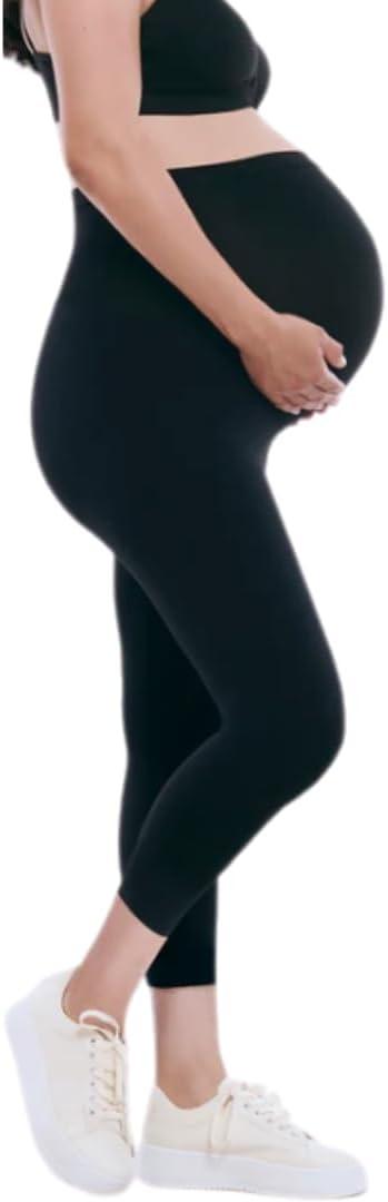 Motherhood Maternity Women's Essential Stretch Secret Fit Over The Belly Pregnancy Crop Capri Legging (Medium, Black)