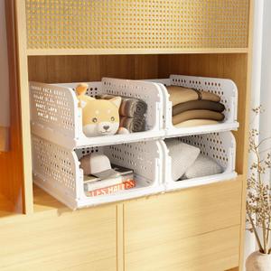 Happer Clothes Organizer for Wardrobe Foldable & Stackable Closet Organizer, 4 Piece, White Stacky 4, Pack of 4