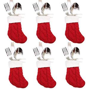 DegGod 6Pcs Christmas Tableware Silverware Holders Set, Red Knitted Christmas Stockings Knife and Fork Bags Covers for Thanksgiving New Year Party Decorations Xmas Dinner Table Decor Ornaments (Red)