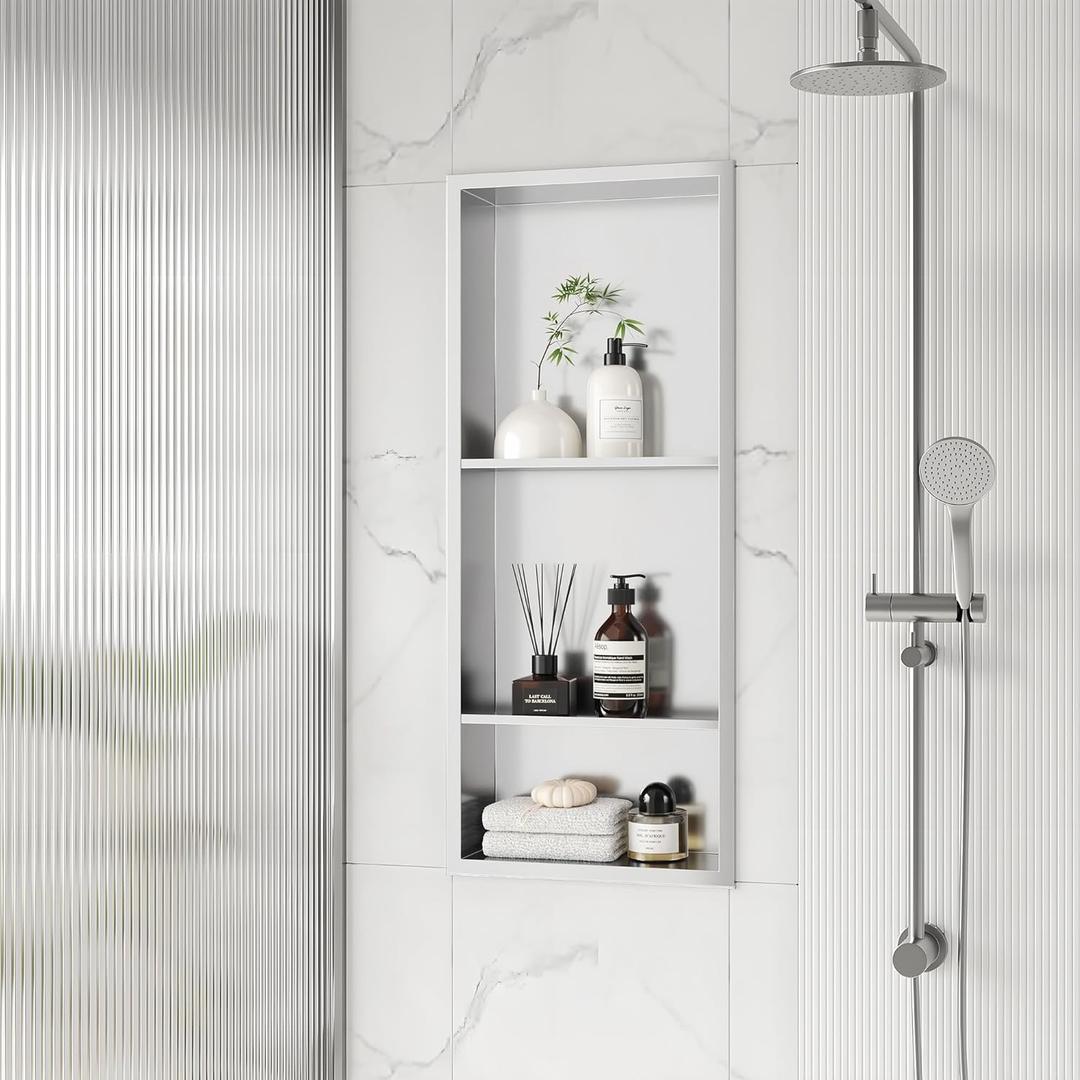 Qeke Stainless Steel Shower Niche 12" X 29", No Tile Needed Wall Niche Three-Tier, Recessed Shower Shelf for Bathroom Storage, Brushed Nickel