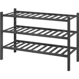 Kitsure Bamboo Wooden Shoe Rack for Closet - Stackable Shoe Organizer with Modular Structure, Space-Saving Shoe Shelf for Entryway, Living Room, Bedroom, 26.8" Wide - 3 Tiers, Black