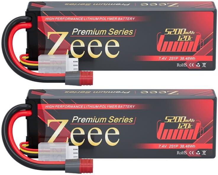 Zeee Premium Series 2S Lipo Battery 5200mAh 7.4V 120C Hard Case Batteries with T Plug for 1/8 1/10 RC Vehicles Car Trucks Airplane Boats(2 Pack)