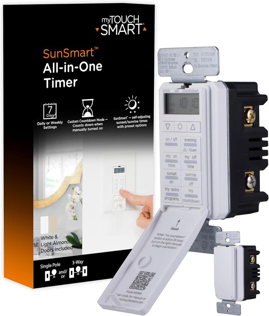 myTouchSmart 33861 LE One in-Wall Digital Timer, Push Door Switch, Backlit LED Screen, 8 Custom On/Off Times, Countdown Mode, Daily/Weekly Set, Off & Countdown