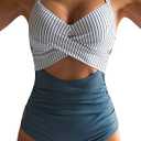 Eomenie Women's One Piece Swimsuits Tummy Control Cutout High Waisted Bathing Suit Wrap Tie Back 1 Piece Swimsuit, M, Blue Striped