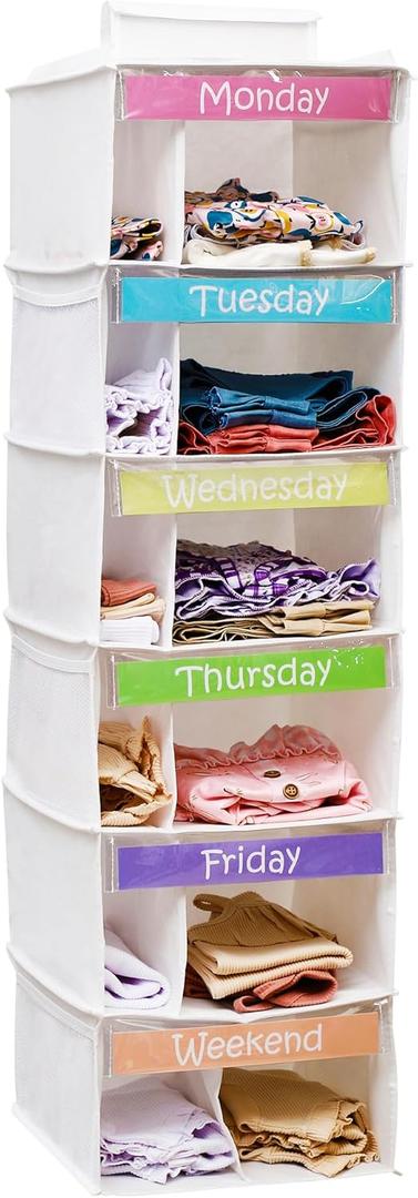 Houseables Kids Clothes Organizer, Weekly Clothes Organizer for Kids, Outfit Organizers, Closet Daily Outfit Storage, Monday through Friday Clothing, Day of the Week, Weekday, School, Hanging, 6 Shelf