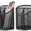 Delifox 2 Pack Pen Holder Mesh Round Pencil Holder Desktop Organizer 3 Compartments, Black