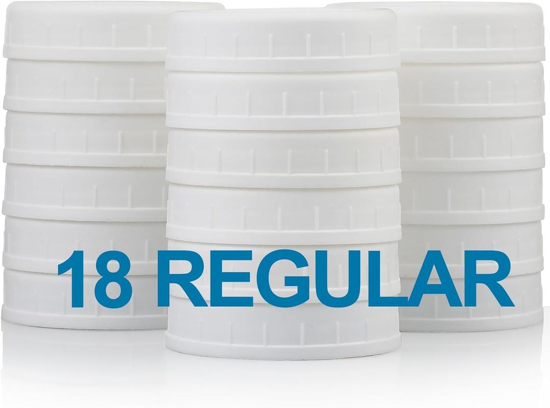 18 Pack REGULAR MOUTH Mason Jar Lids for Compatible with Ball, Kerr Regualr Mouth Jars - Plastic Storage Caps for Mason Jars, Canning Jars - Leakproof, Dishwasher Safe & Food Grade - White