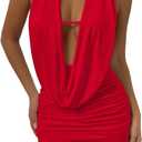 SOLY HUX Women's Sexy Deep V Neck Halter Bodycon Mini Dress Sleeveless Party Club Dresses (Medium, Red)