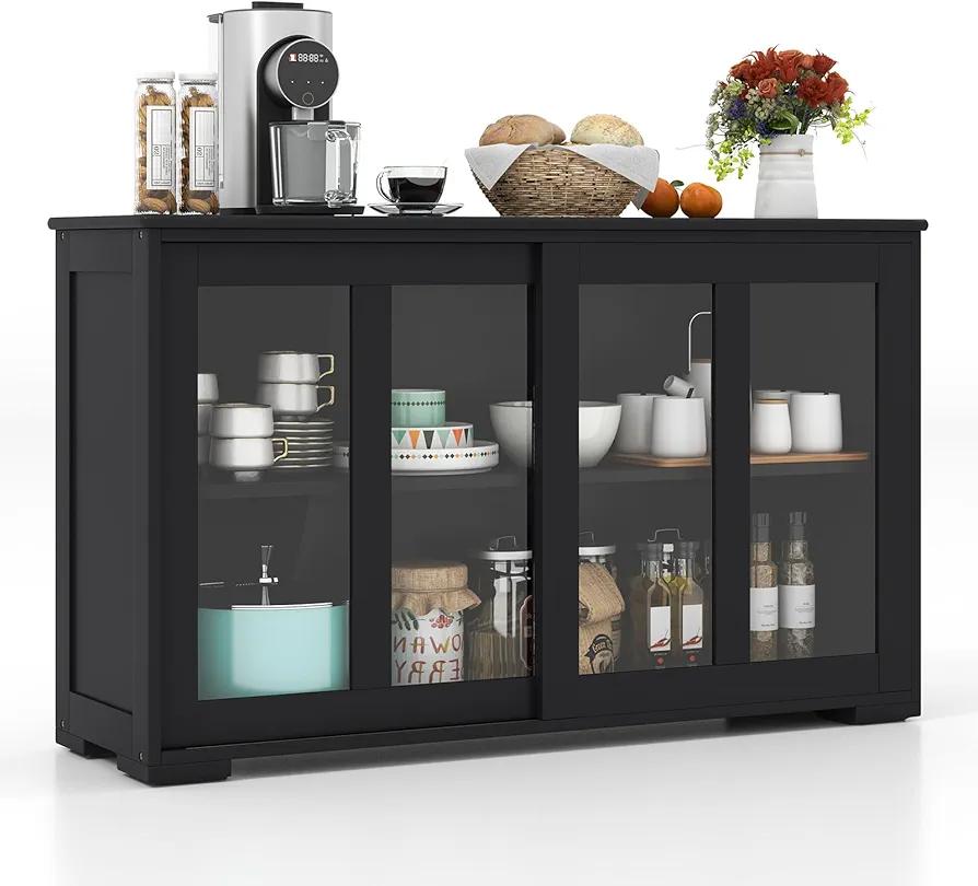 Buffet Sideboard with Storage, 2-Door Floor Cupboard with Sliding Tempered Glass Cabinet & Adjustable Shelf, Stackable Storage Cabinet for Kitchen, Entryway (Black)