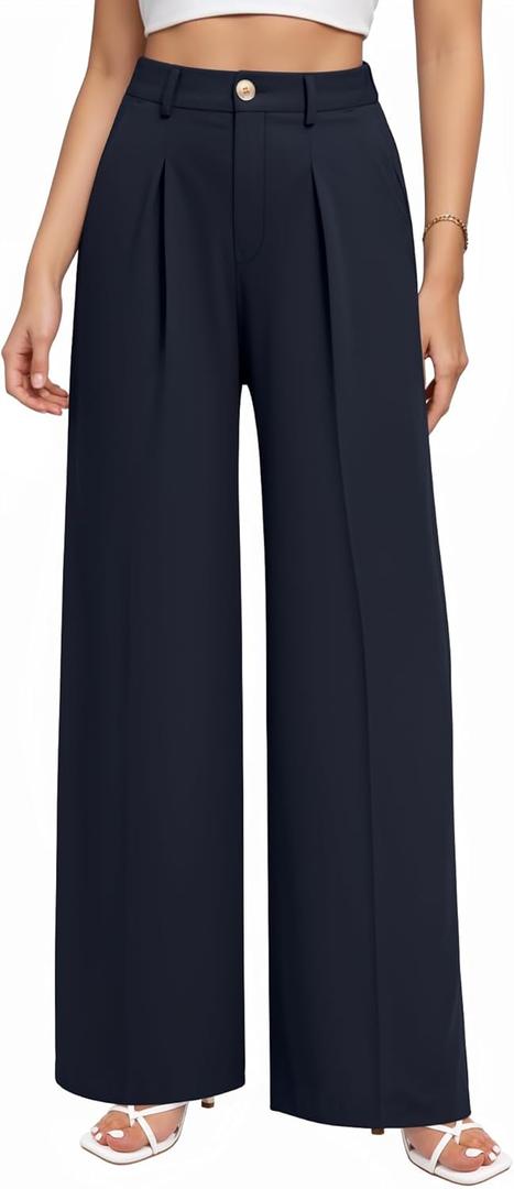 CLOZOZ Wide Leg Pants Women's High Waisted Work Trousers Regular for Office Business Casual (Large, Deep Blue)