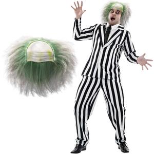 Fun Shack Black and White Striped Suit Men Costume With Wig, Spooky Halloween Costumes, Halloween Costumes for men (X-Large)