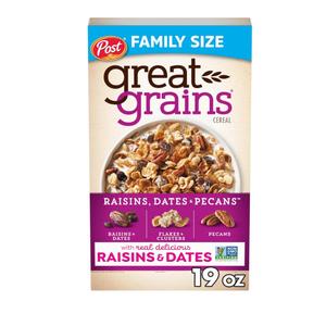 Great Grains Raisins, Dates & Pecans Breakfast Cereal for Adults, Crunchy Clusters with Dried Fruit and Nuts, Non-GMO, Heart Healthy, 19 oz Box, exp sep 18 2025