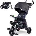 RIDYEE 7-in-1 Folding Toddler Tricycle for 18 Months to 5 Years, Tricycle Stroller with Dual Brakes, All-Terrian Rubber Tire, Tricycle for Toddlers with Rotatable Seat, Adjustable Push Handle, Grey
