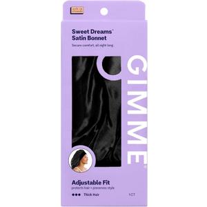 GIMME Beauty Sweet Dreams Satin Bonnet - Ultra-Soft Sleep Bonnet - Smooth & Frizz-Free Hair - Breathable Satin with Stretchy Band - Compatible with Heatless Curlers - Thick Hair, Black, 1 Count