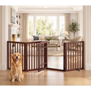 Homykic Dog Gate Indoor, 88.2" W x 30" H Extra Wide Foldable Bamboo Pet Gate with Door, No Assembly Freestanding Dog Fence with 2 Support Feet & 360Hinges for Doorways Hallways (Espresso, 4 Panels)