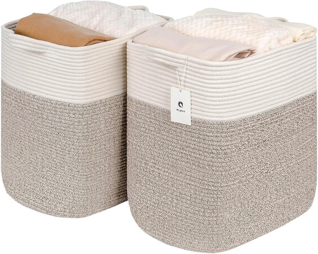 Tall Storage Baskets for Clothes Fabric Cotton Rope Storage Basket bin with Handles, Decorative Woven Basket for Living Room,Closet Organizer Blankets, and 2bags Brown 17.8W12.5H17.9)