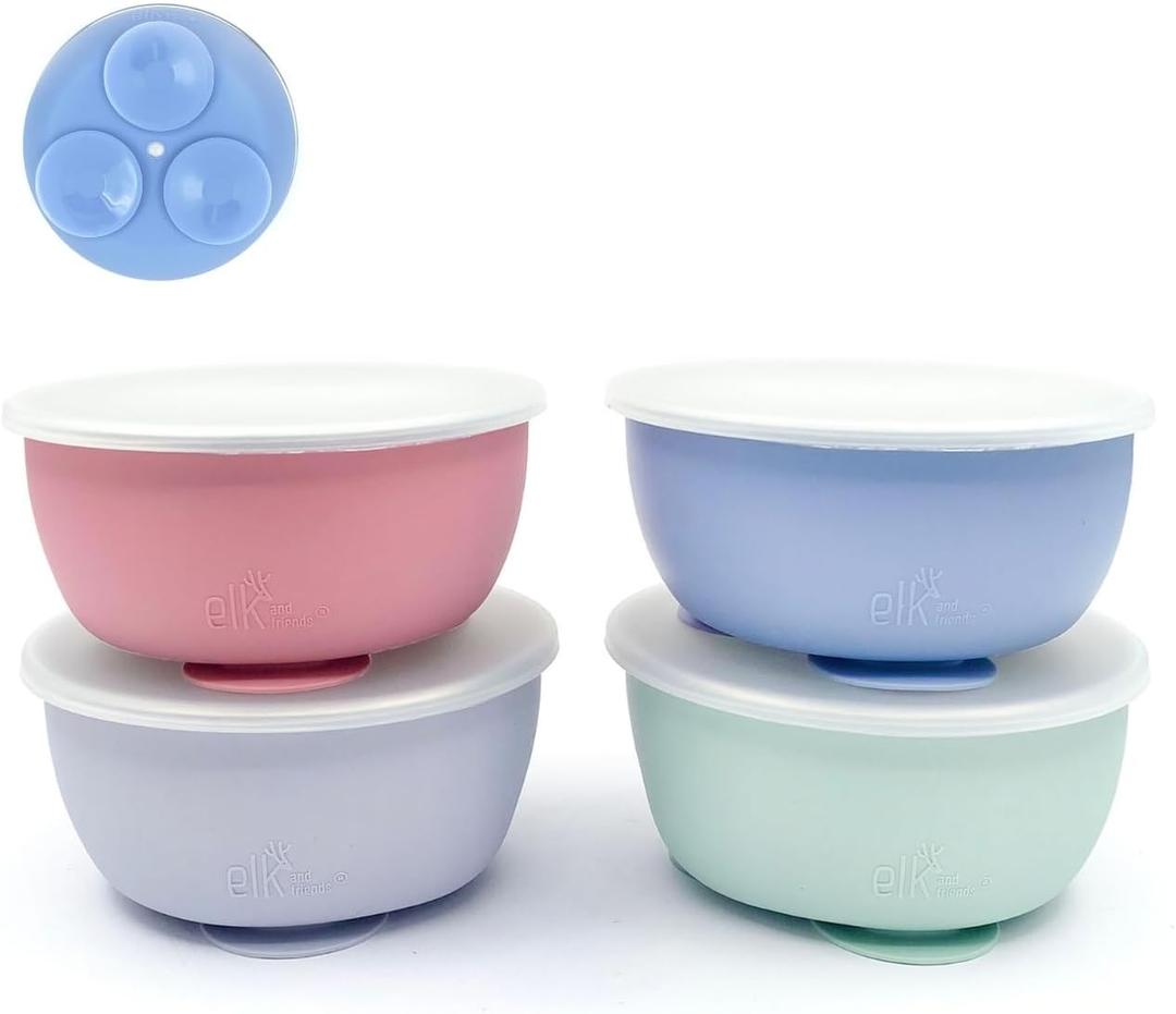 Elk and Friends Stainless Steel Bowls with Silicone Sleeve for Babies & Toddlers | Lids Included | Stay Put Suction | Cereal & Snack Bowls | 4 Pack (Sage/MistyBlue/Blush/Lilac)